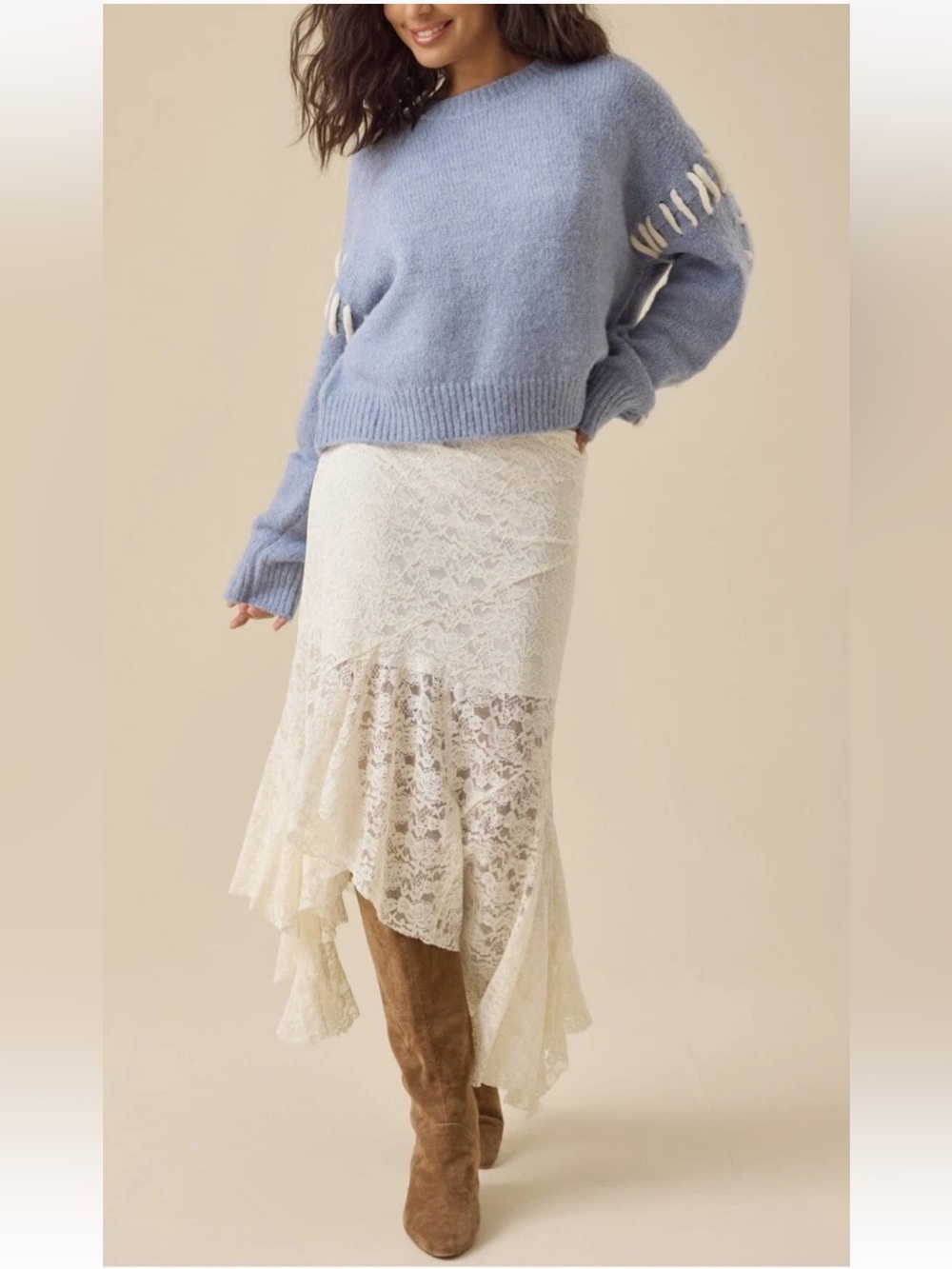 Altar’d State Faith Midi Tiered Asymmetric Lined Lace Ivory Skirt NWT Size L - Picture 2 of 10